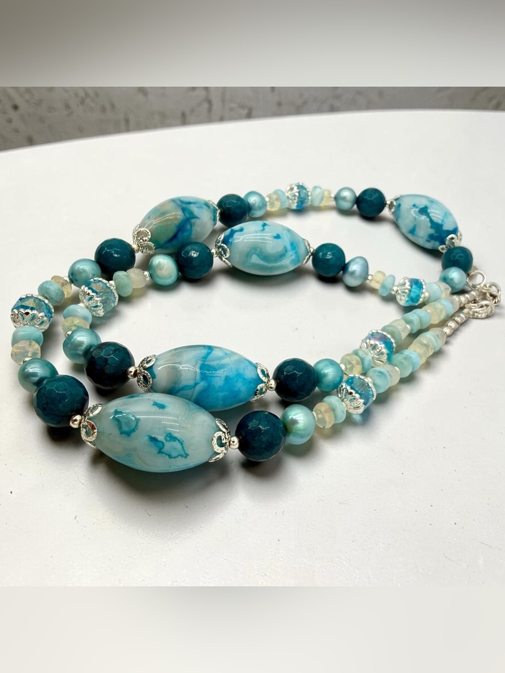Artisan Murano Style Glass Larimar Apatite Opal Pearl Necklace 22” Ocean Blue - Picture 9 of 17